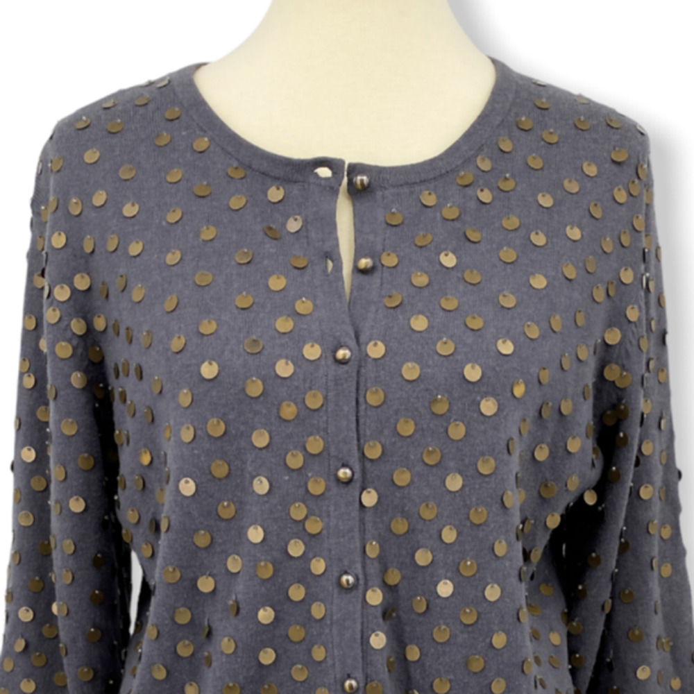 Sundance Gray Wool Silk Knit Gold Dot Embellished Cardigan Sweater L - Picture 2 of 9